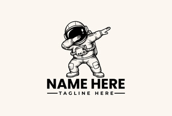 A black and white illustration of an astronaut pointing with a placeholder name and tagline on a plain background, featuring a logo and vector graphic design elements. © vectorvovdesign