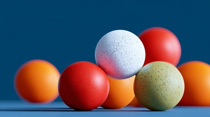 Naklejka premium Colorful arrangement of various textured spheres in vibrant hues, showcasing a playful composition against a deep blue background with ample copy space for creative design