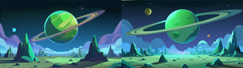 Cartoon alien planet. Alien landscape with green ringed planet, rocky terrain, starry night sky and shooting star. Mysterious sci-fi space scene, futuristic cartoon vector illustration © Insha