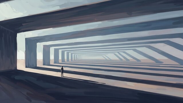 A solitary human figure navigates an immense, abstract geometric corridor, where light and shadow create an infinite journey of profound perspective