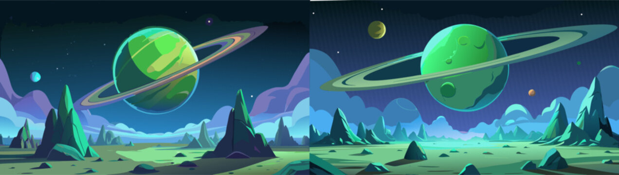 Cartoon alien planet. Alien landscape with green ringed planet, rocky terrain, starry night sky and shooting star. Mysterious sci-fi space scene, futuristic cartoon vector illustration