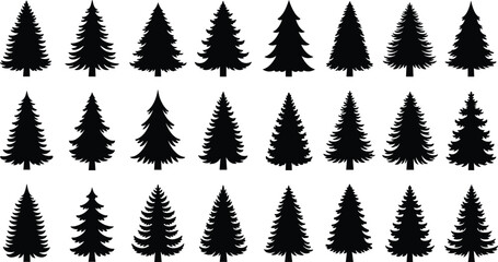 Pine tree silhouette set, evergreen coniferous forest vector illustration, fir and spruce timber icons, nature wood landscape design elements, Christmas tree collection pack © MstShahanaz