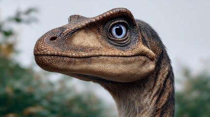 Velociraptor portrait showcasing intricate textures and vibrant colors, captured with softbox studio lighting, emphasizing sharp focus and high dynamic range, ideal for commercial use with copy space