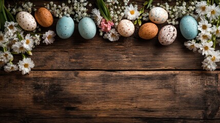 Easter eggs in various colors sit with fresh flowers on a wooden table. This setup is perfect for spring celebrations and holiday decorations.
