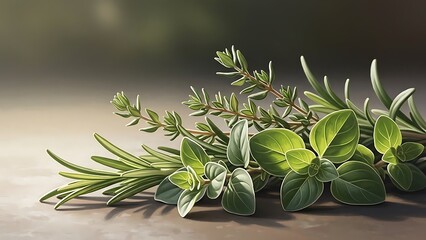 Close-up of Fresh Culinary Herbs Arrangement Aromatic Rosemary, Thyme, and Marjoram for Cooking and Flavoring Dishes