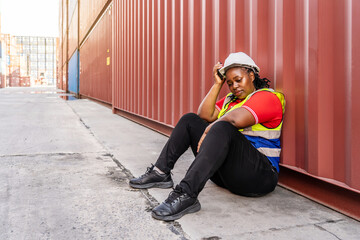 Exhausted female African construction worker in hard hat and safety vest sitting against a red...