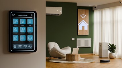 Modern smart home living room interior featuring digital control panel, smart devices, wooden floor and contemporary furniture, representing future home technology- 3D rendering