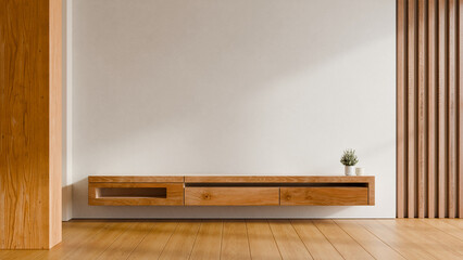 Modern floating wooden TV console on white wall with decorative wood slats in Japandi style- 3D rendering