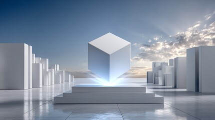 Futuristic digital platform featuring a glowing geometric core surrounded by protective structures, symbolizing profit with minimal market exposure, clean blue color palette, and expansive copy space