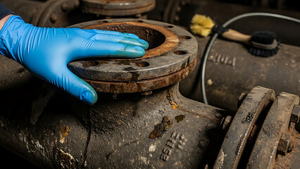 Protective Gloved Hand Inspecting a Corroded Metal Pipe Flange for Sewer Maintenance and Drain Repair Concept Reflecting Industrial Service and Manual System Inspection Work
