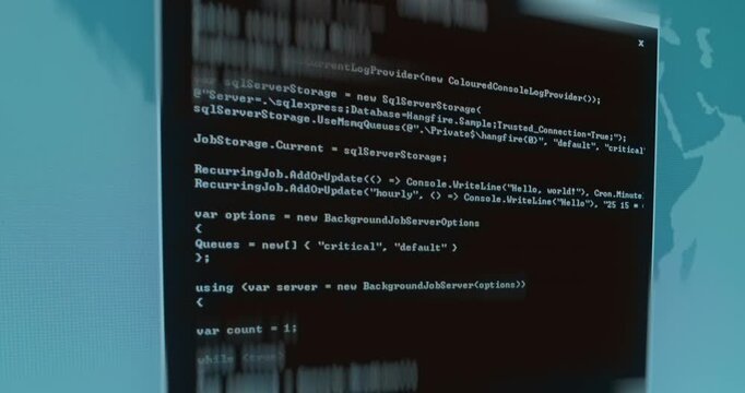 Compiling Nodes, code on background of world map