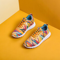 colorful sport shoes on mustard color background
