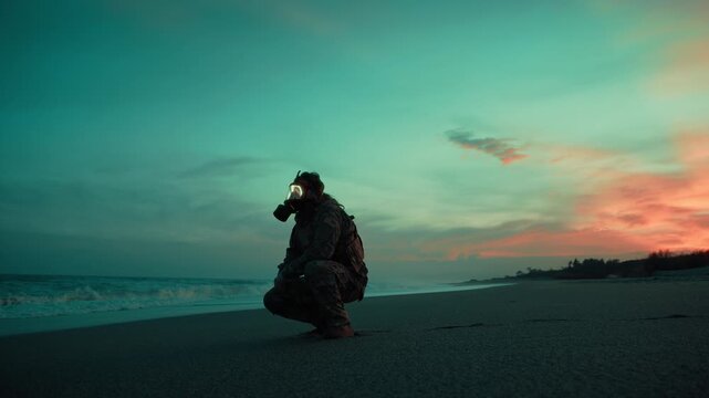 Silhouette of a soldier near the ocean with radiation contaminated gas mask