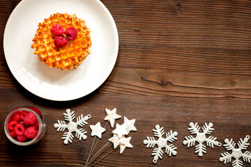 Christmas breakfast with waffles top view