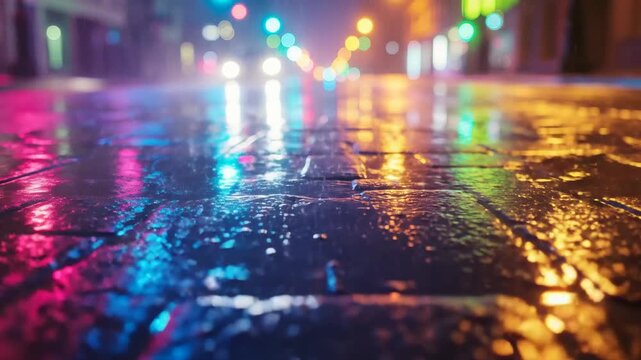 Wet cobblestone street reflecting colorful city lights at night, creating a vibrant urban scene.