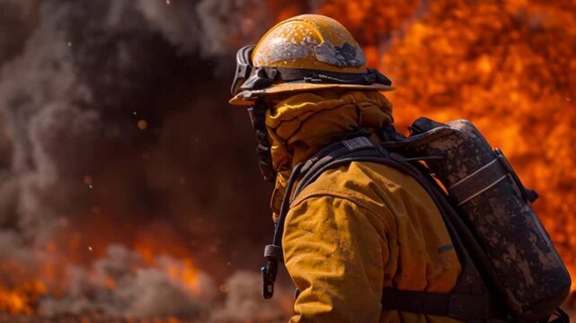 Side profile of a firefighter walking into a wildfire, surrounded by smoke and flames, capturing courage, sacrifice, and unwavering dedication as they confront danger to protect lives and land