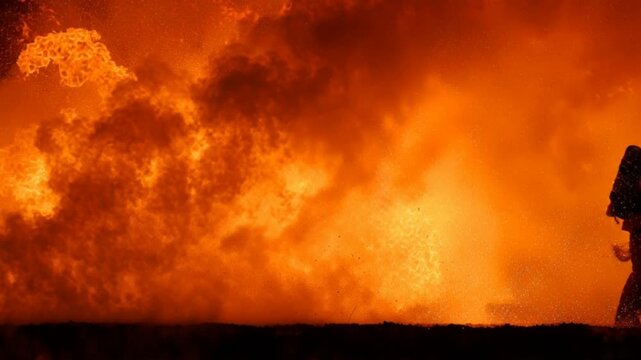 Side profile of a firefighter walking into a wildfire, surrounded by smoke and flames, capturing courage, sacrifice, and unwavering dedication as they confront danger to protect lives and land