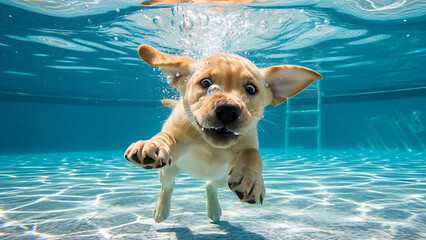Amusing submerged portrait of a cute golden labrador retriever puppy diving and swimming through clear blue water in a residential backyard pool capturing a playful splash and joyful expression