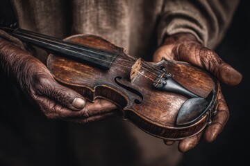 Aged Violin Held in Worn Hands, Standard v2 4x Zoom, Showcasing Musical Heritage
