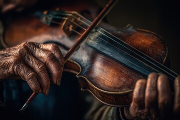 Close up of experienced hands playing a vintage violin, a musical performance