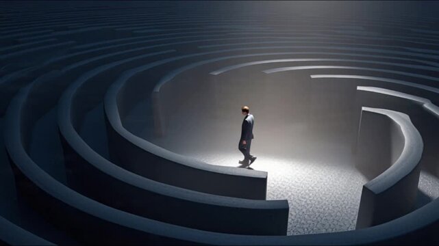 A young professional walking into a labyrinth, symbolizing career choices, uncertainty, and personal growth as they navigate complex paths toward clarity, purpose, and long-term success