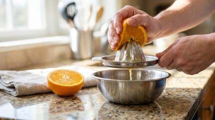 Man's hands squeezing a fresh ripe orange on a manual metal juicer into a stainless steel bowl in a brightly lit kitchen with natural light