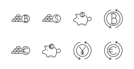 Currency and crypto set icon. Bitcoin, dollar, euro, yen, piggy bank, gold, exchange arrows, digital money, savings, international finance.