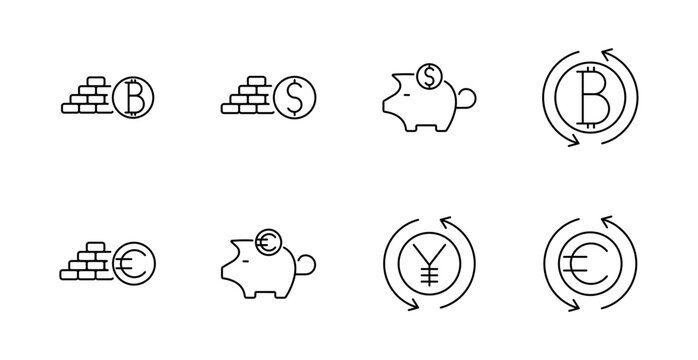 Currency and crypto set icon. Bitcoin, dollar, euro, yen, piggy bank, gold, exchange arrows, digital money, savings, international finance.