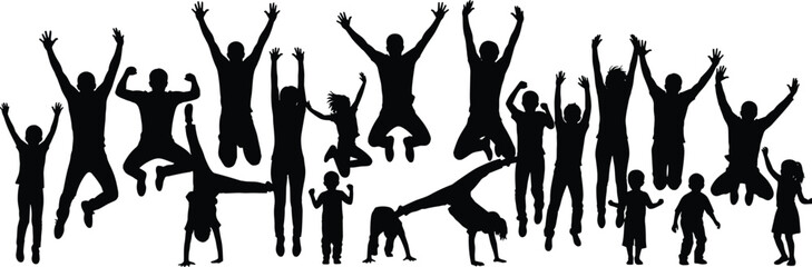 Silhouette of happy jumping people group cheering and celebrating success together, active community jumping in the air, isolated flat vector illustration