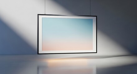 Fototapeta premium Modern framed art with a pastel gradient on a white wall, illuminated by natural light, creating shadows and reflections for a minimalist interior