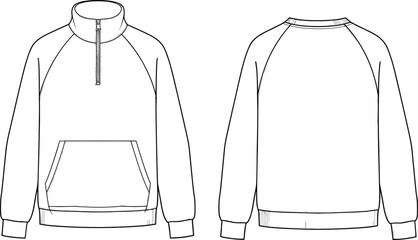 Unisex quarter zip sweatshirt with raglan sleeves and kangaroo pocket front and back view technical CAD drawing flat vector illustration © Vector World