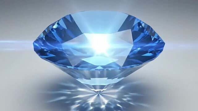 Brilliant blue gemstone with facets reflecting light, casting a star-shaped shadow.