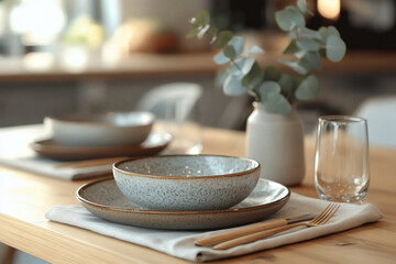 Modern minimalist dining table setting with ceramic plates, cutlery, and eucalyptus vase, generative AI