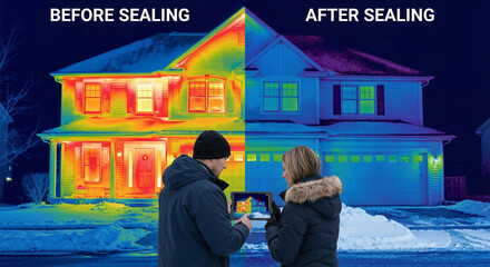 Thermal imaging comparison of a house before and after professional sealing, showing energy loss reduction and improved heat retention in winter.