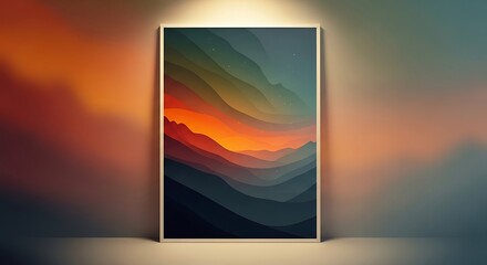 Modern framed abstract landscape art; vibrant sunset colors gently blend into cool mountain forms, creating a serene and captivating display for contemporary decor