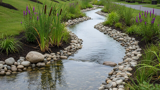 Sustainable Engineered Bioswale Channel Featuring Native Plants and Stones for Natural Water Flow Filtration and Urban Wetland Restoration Environment Design