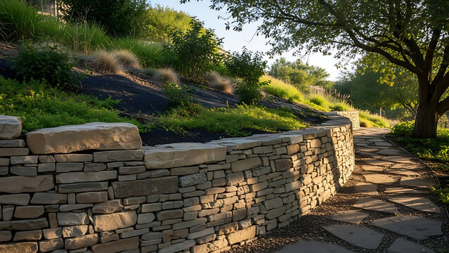 Sturdy dry-stack stone retaining wall lining a sloped garden path highlighting structural course craftsmanship and erosion control in a backyard landscape design featuring natural rock masonry.