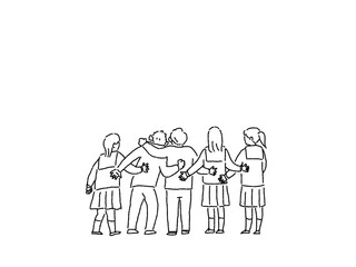 制服姿の学生の後ろ姿、線画、