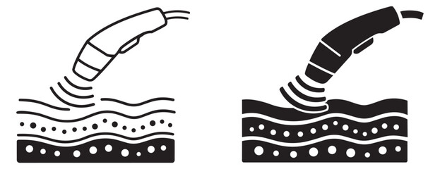 Line art and solid icon set featuring an ultrasound device on skin layers for cosmetology and health applications