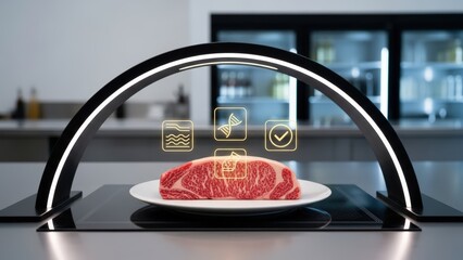 Futuristic Lab-Grown Wagyu Beef Undergoing High-Tech Quality Analysis Scanner in Modern Science Kitchen