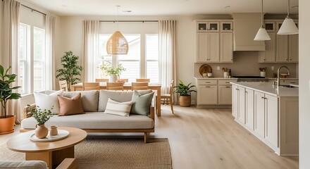 Stylish and spacious open plan home interior with a bright living room, elegant dining area, and well-designed modern kitchen, bathed in natural light