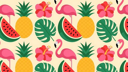 Vibrant tropical pattern with flamingos, pineapples, and fruit
