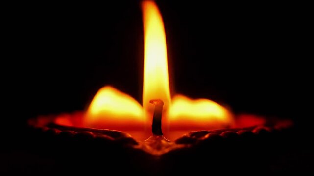 Candle burns brightly in the darkness with a warm glow