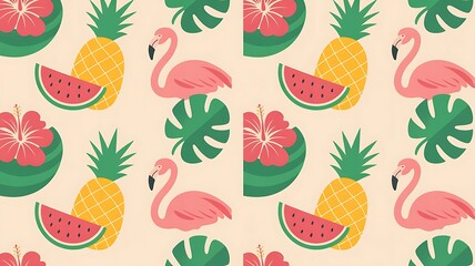 Vibrant tropical pattern with flamingos, pineapples, and fruit
