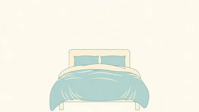 Minimalist illustration of a bed with blue pillows and duvet. Simple bedroom furniture design. Home comfort and sleep concept with copy space