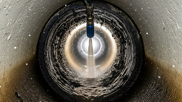 Maintenance of a severed main sewer pipe undergoing intensive hydro jet cleaning with a high-pressure water stream effectively clearing blockage debris and residue for sanitation service.