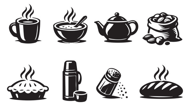 Classic food and drink icon set featuring hot beverages, baked goods, kitchenware, and ingredients for culinary themes