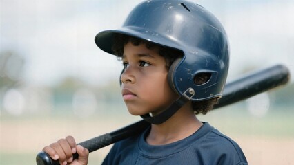 Young baseball player in helmet holding bat on field during game