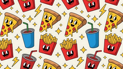Colorful cartoon fast food pattern with smiling pizza fries and drinks