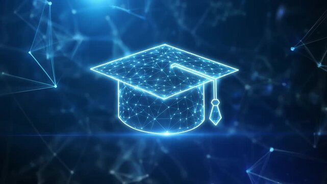 Glowing graduation cap appears in futuristic network.